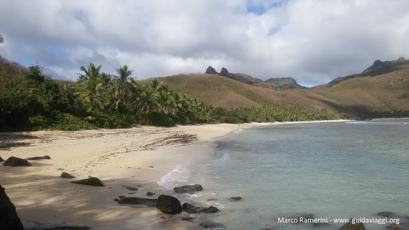 La plage de l'Octopus Resort, Waya, Isole Yasawa, Fidji. Auteur et Copyright Marco Ramerini.